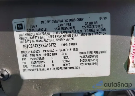 1999 GMC Sonoma z USA, uszkodzony, nr VIN 1GTCS14X3XK513472